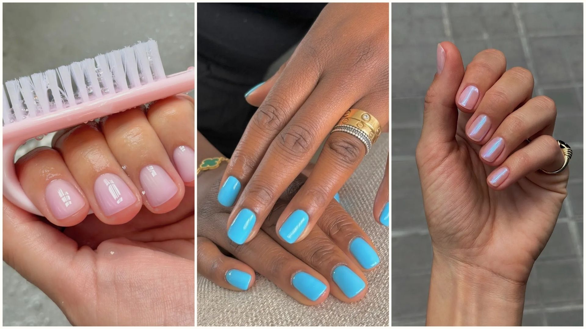 A collage of July nail ideas, including milky pink nails, aquamarine nails and mermaid-inspired chrome nails