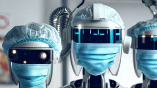 three robots wearing surgical mask in a lab