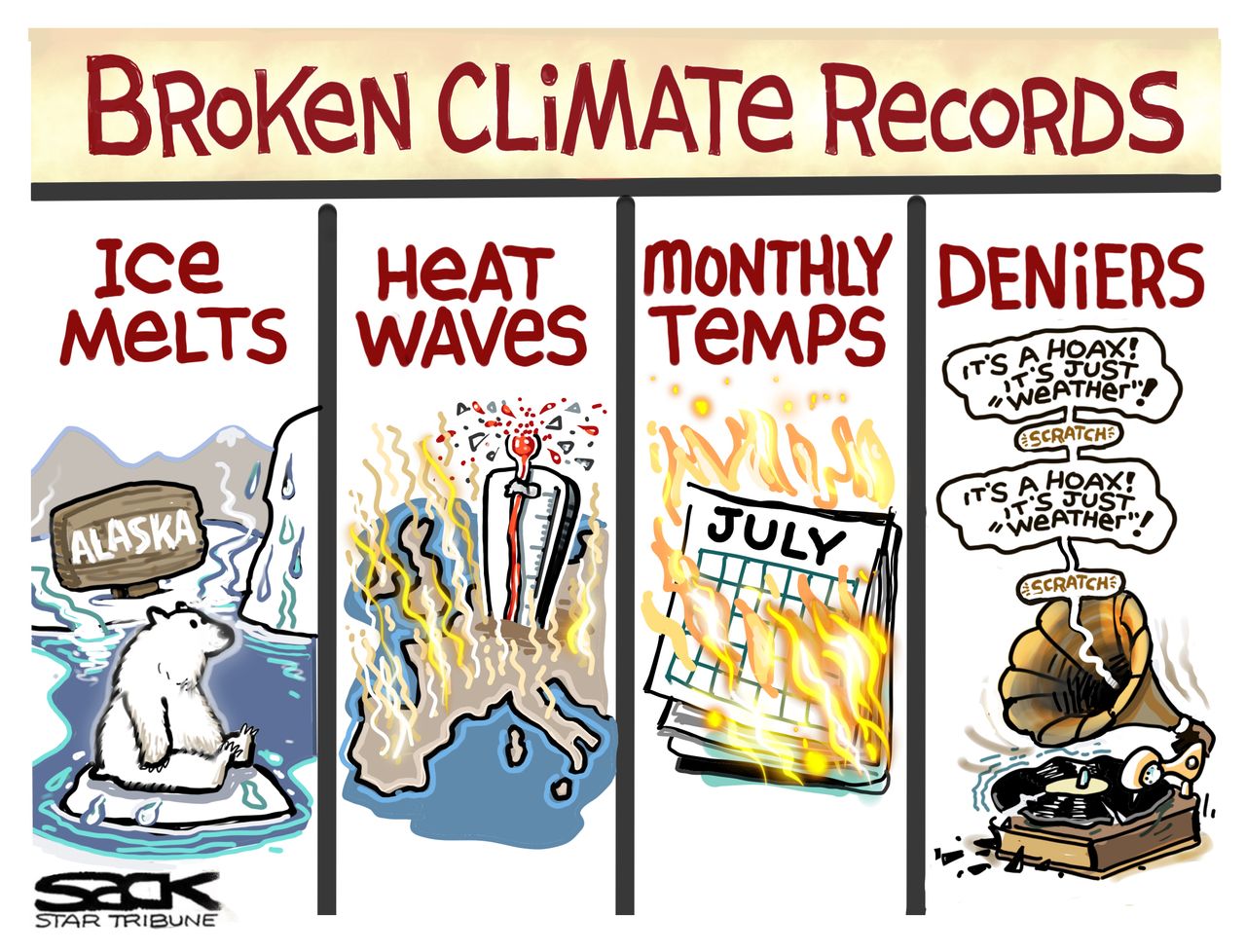 Political Cartoon Broken Records Climate Deniers Heat Wave