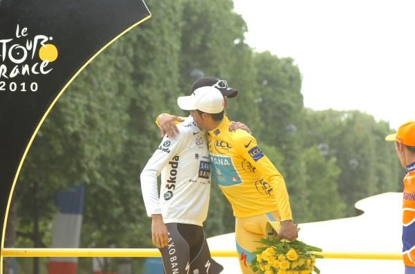 Alberto Contador (Astana) is embraced by Andy Schleck (Saxo Bank)