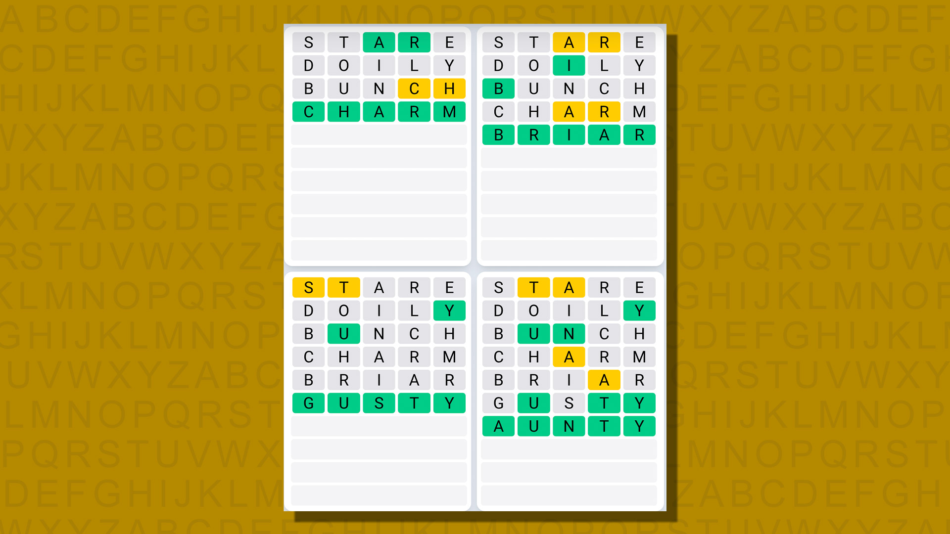 Quordle daily sequence answers for game 722 on a yellow background