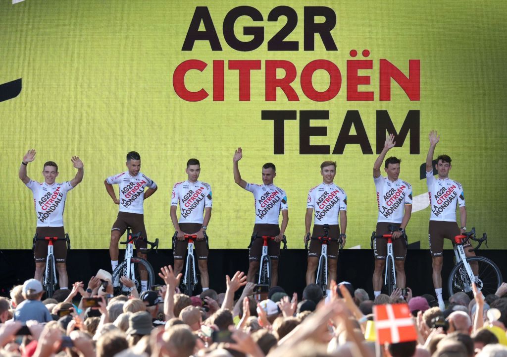 AG2R Citroen Team riders attend the teams presentation two days ahead of the first stage of the 109th edition of the Tour de France cycling race in Copenhagen in Denmark on June 29 2022 Photo by Thomas SAMSON AFP Photo by THOMAS SAMSONAFP via Getty Images