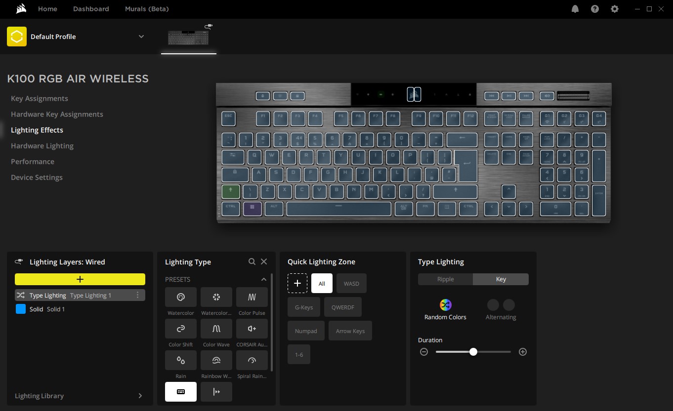 Screenshot of iCUE software for the Corsair K100 Air Wireless Keyboard
