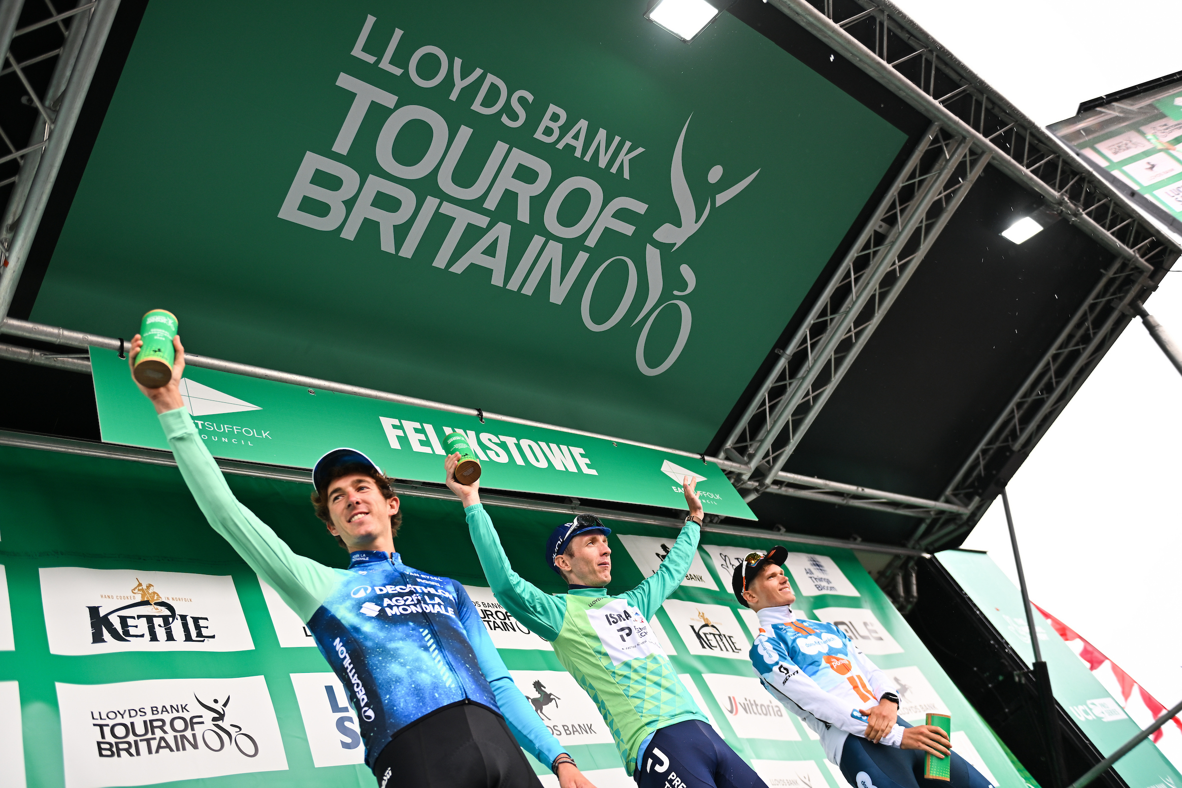 Picture by Will Palmer/SWpix.com - 08/09/2024 - Lloyds Bank Tour of Britain 2024 - Stage 6: Lowestoft to Felixstowe - Stevie Williams (Israel - Premier Tech) Wins the Lloyds Bank Tour of Britain 2024, Oscar Onley (Team dsm-firmenich PostNL) take second and Tom Donnenwirth (Decathlon AG2R La Mondiale DT) takes third