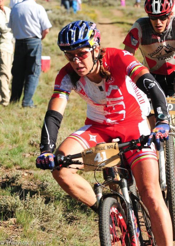 Rebecca Rusch (Specialized) rides in second place on Columbine Road