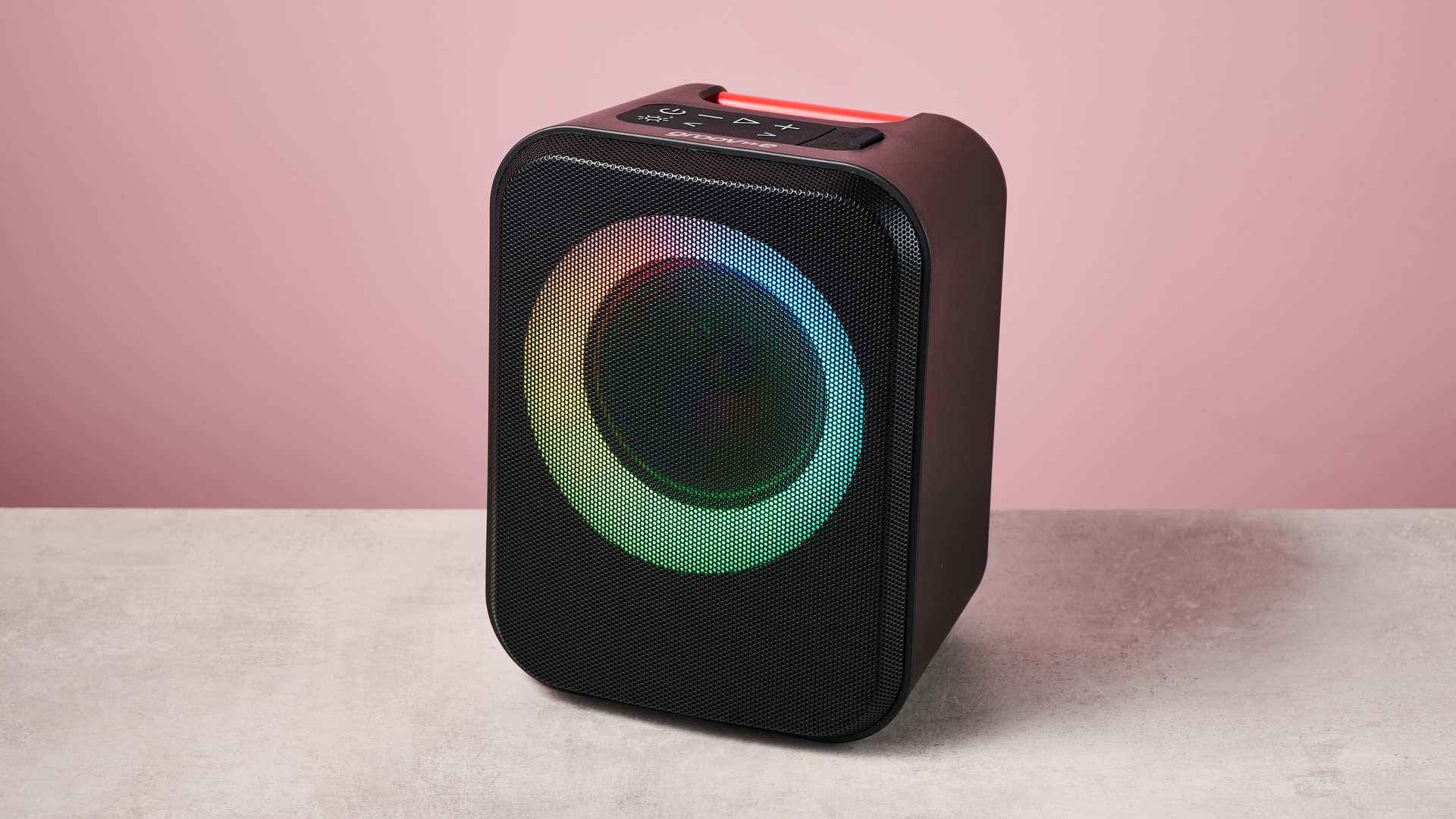 Groov-e Thunder on pink background with RGB lights on