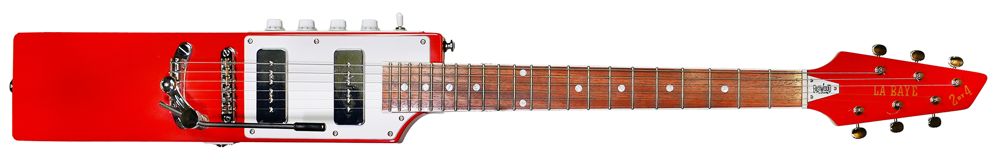 A detail of an Eastwood La Baye 2x4 electric guitar