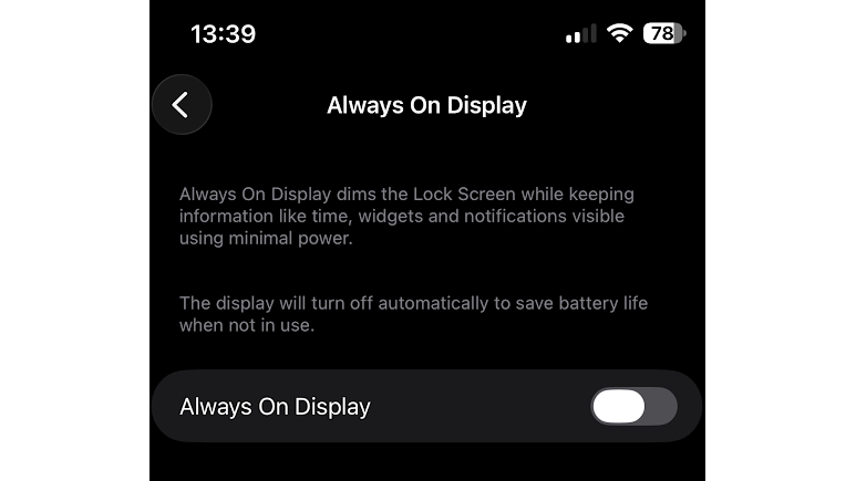 The always-on display settings on an iPhone