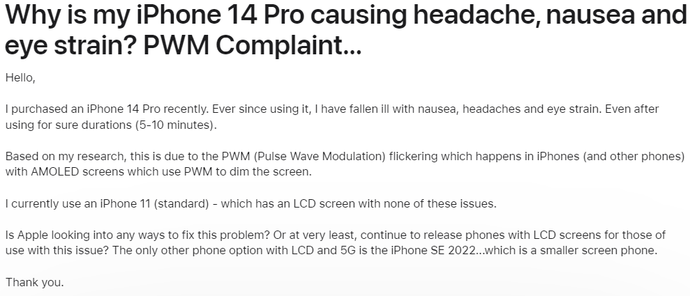 Apple Community comments from users affected by PWM-dimmed displays