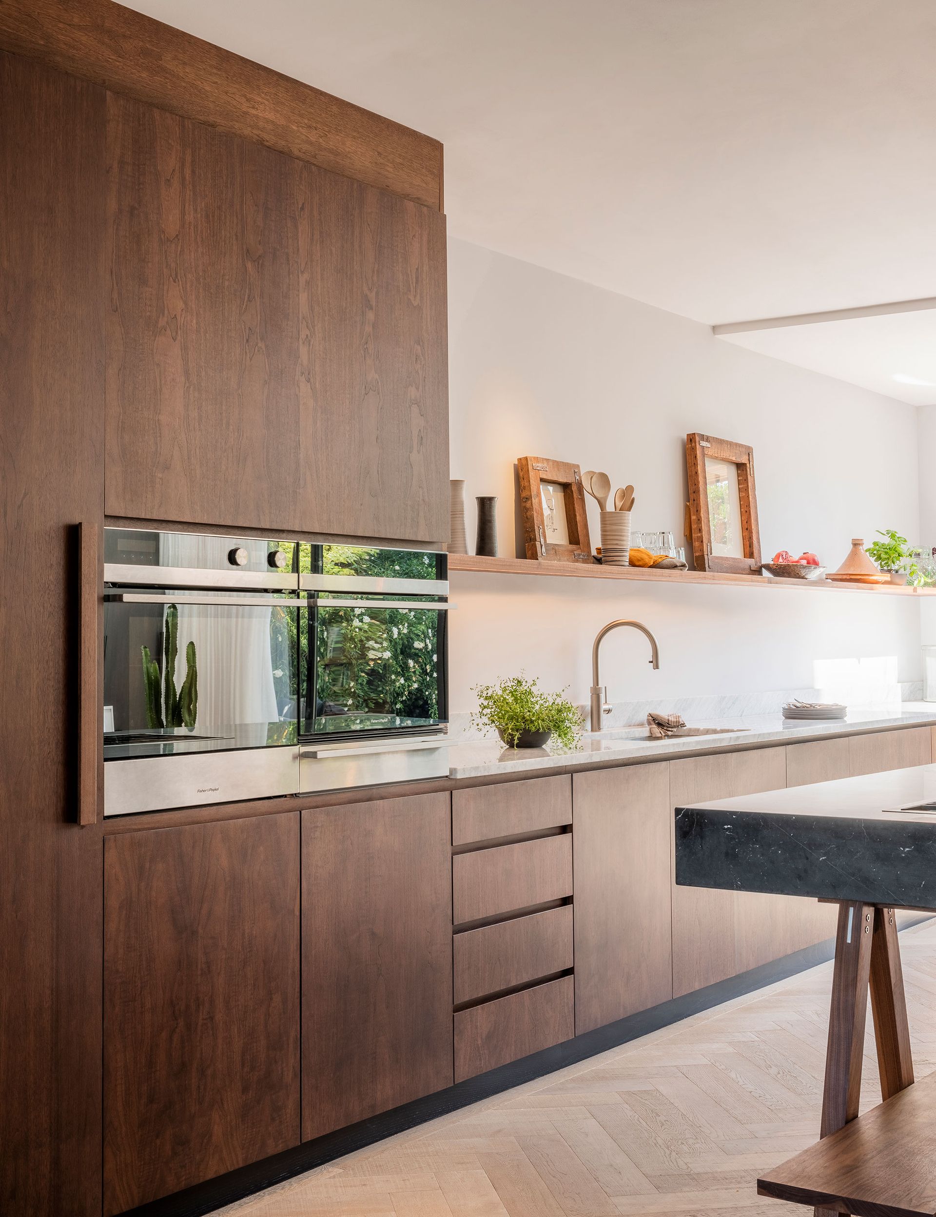 One-wall kitchen with wood cabinets