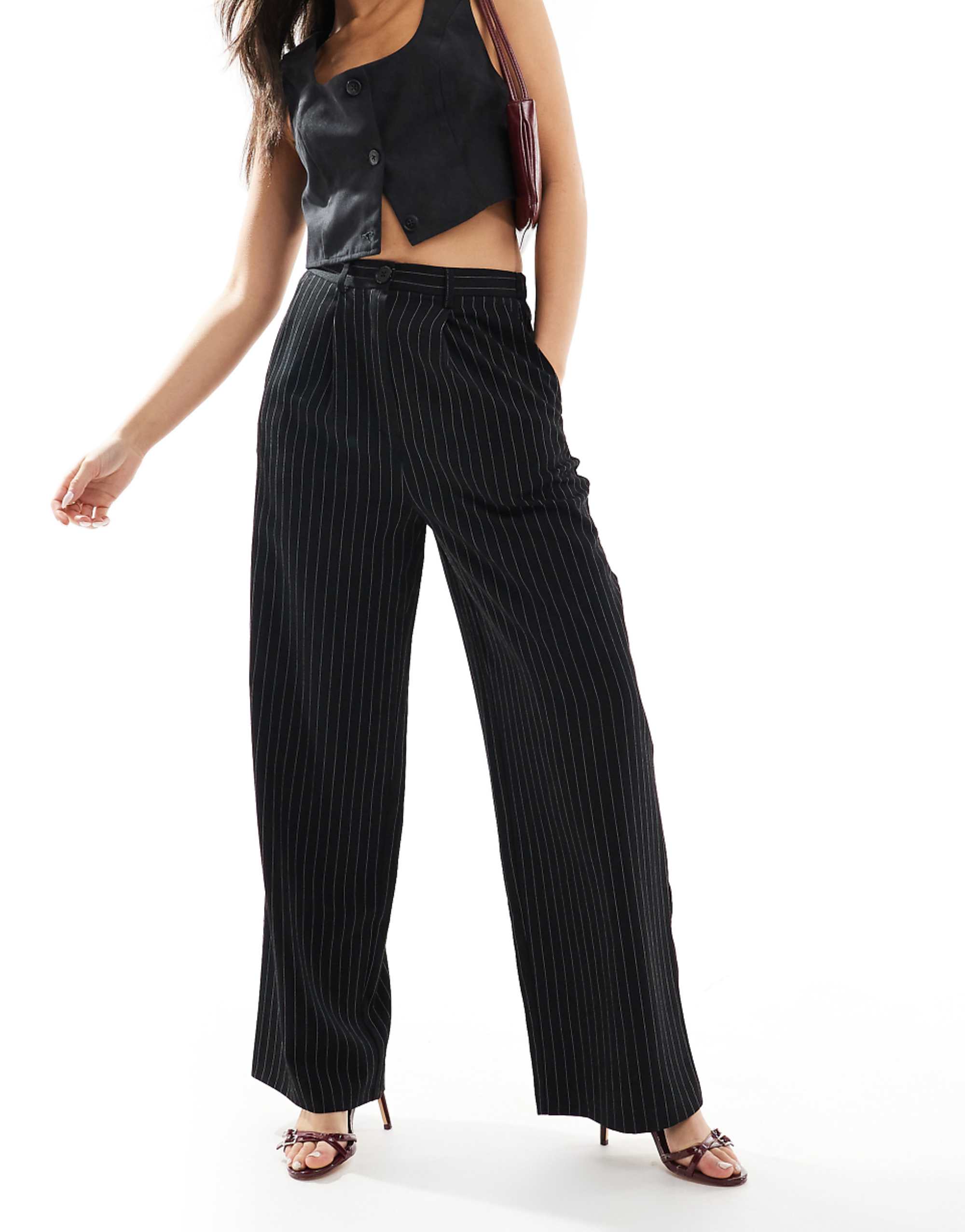 Miss Selfridge Tailored Wide Leg Dad Trouser in Black Pinstripe