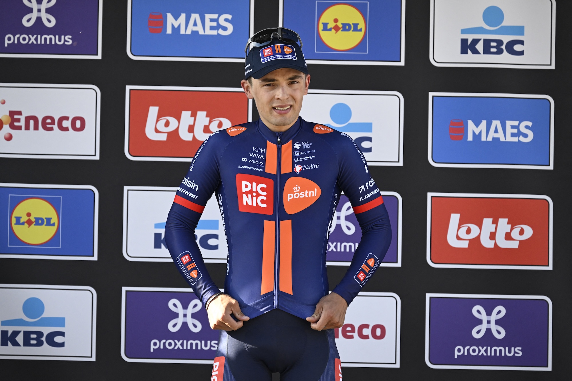 Pavel Bittner of Picnic PostNL celebrates on the podium of Scheldeprijs one day race as runner-up