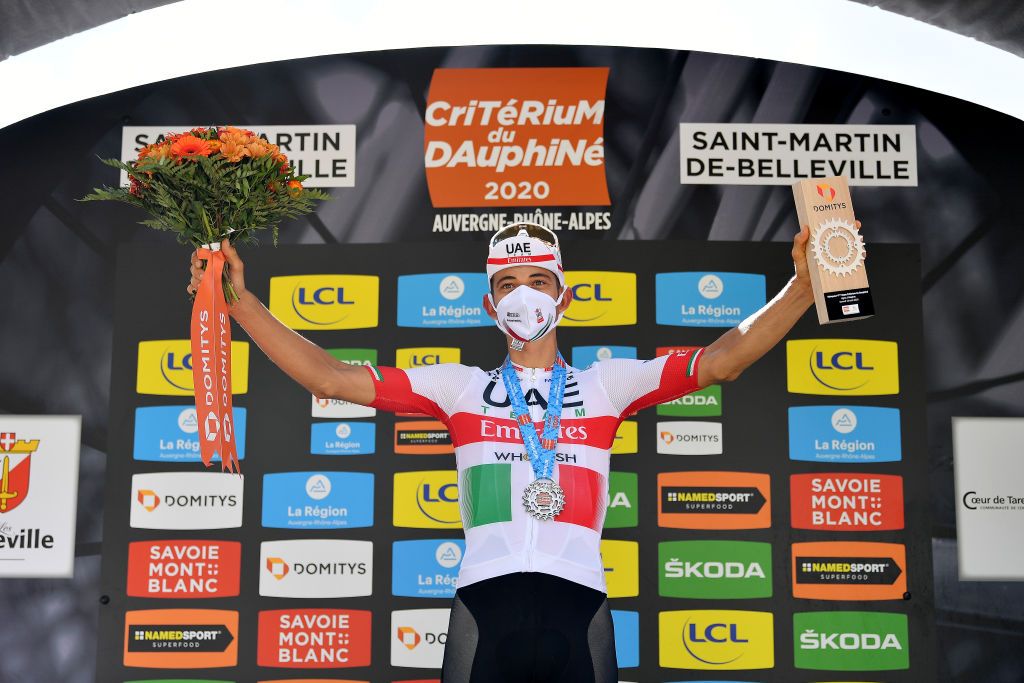 SAINT MARTIN DE BELLEVILLE FRANCE AUGUST 14 Podium Davide Formolo of Italy and Team UAE Team Emirates Celebration Medal Trophy Flowers Covid safety measures during the 72nd Criterium du Dauphine 2020 Stage 3 a 157km stage from Corenc to Saint Martin de Belleville 1419m dauphine Dauphin on August 14 2020 in Saint Martin de Belleville France Photo by Justin SetterfieldGetty Images