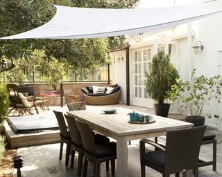 A large white shade sail over an outdoor dining table in a backyard