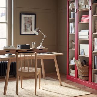 modern home office ideas, home office with pale wood table and chair red storage unit, taupe walls