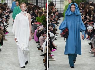 Left, model wears a bright white hanging dress with a cold shoulder. Right, model wears an oversized coat with giant hood in blue