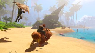 Under a Rock - PC Gaming Show: Most Wanted - two characters are on a sandy beach: one is riding an animal, the other is using a handglider