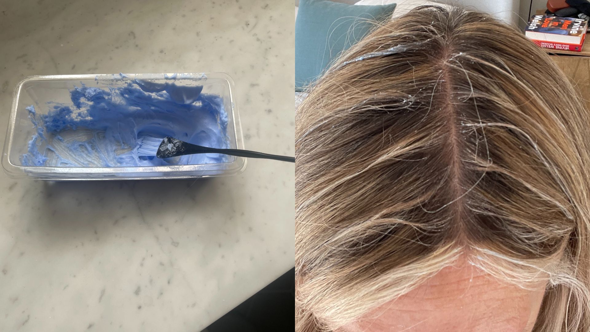An image of two boxes of Jerome Russell highligt kit, a purple cream in a tib with a hair dye brush, next to Sarah Cooper White's hairline with small sections coated in highlighting cream and some roots showing