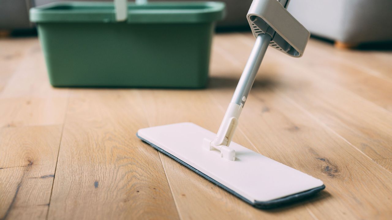 Close-up view of a modern mop cleaning a wooden floor with focus on cleanliness and home maintenance.