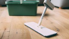 Close-up view of a modern mop cleaning a wooden floor with focus on cleanliness and home maintenance.