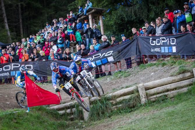 Two Czech riders, Michael Mechura and Tomas Slavik, just before they tangle and crash in the mens' final