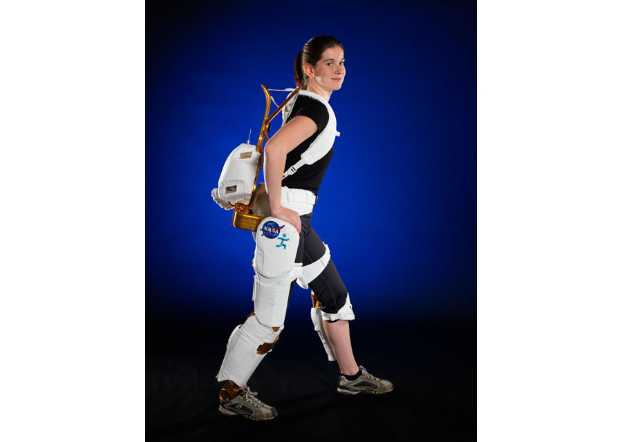 Photo of an engineer wearing the X1 exoskeleton