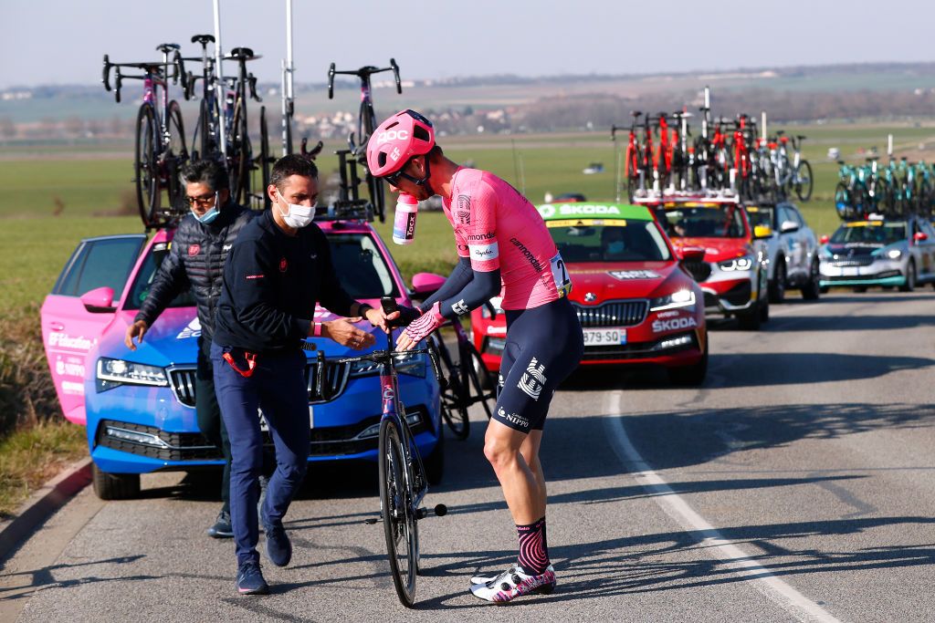 SAINTCYRLECOLE FRANCE MARCH 07 Jonas Rutsch of Germany and Team EF Education Nippo during the 79th Paris Nice 2021 Stage 1 a 166km stage from SaintCyrlEcole to SaintCyrlEcole Mechanical Problem Mechanic ParisNice on March 07 2021 in SaintCyrlEcole France Photo by Bas CzerwinskiGetty Images