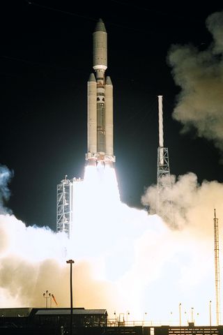The Cassini-Huygens mission to Saturn launches toward the ringed planet on a Titan IVB/Centaur rocket from the Cape Canaveral Air Force Station in Florida on Oct. 15, 1997.