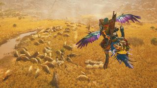 A Hunter glides on the back of a Seikret over the Windward Plains. Small monsters are seen below, gathering in a herd.