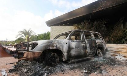 A burnt car at the U.S. consulate in Benghazi after an attack on Sept. 11: The State Department has revealed that the violence wasn't sparked by protests against an anti-Islam film after all.