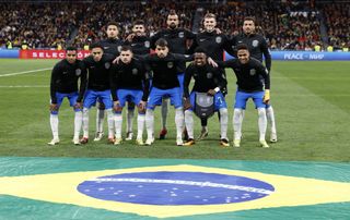 Players of Brazil pose for a team photo ahead of the friendly match between Spain and Brazil at the Santiago Bernabeu Stadium in Madrid, Spain on March 26, 2024. The friendly match organized due to Real Madrid star football player Vinicius Junior, has been targeted with racist attacks by the fans. (Photo by Burak Akbulut/Anadolu via Getty Images) Brazil Copa America 2024 squad