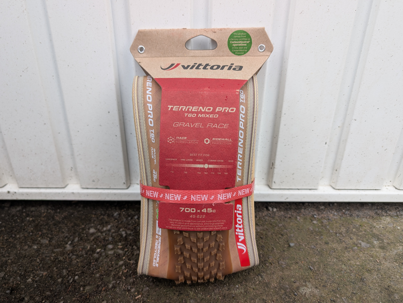 The Vittoria T60 Pro Mixed Gravel Race tyre in its packaging