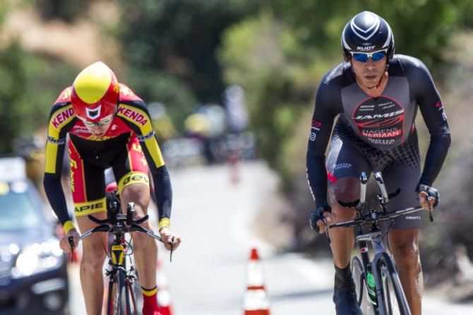 Luis Amaran (Jamis-Hagens Bermen) and Max Jenkins (5-hour Energy p/b Kenda) hit a steep section of the climb at the same time