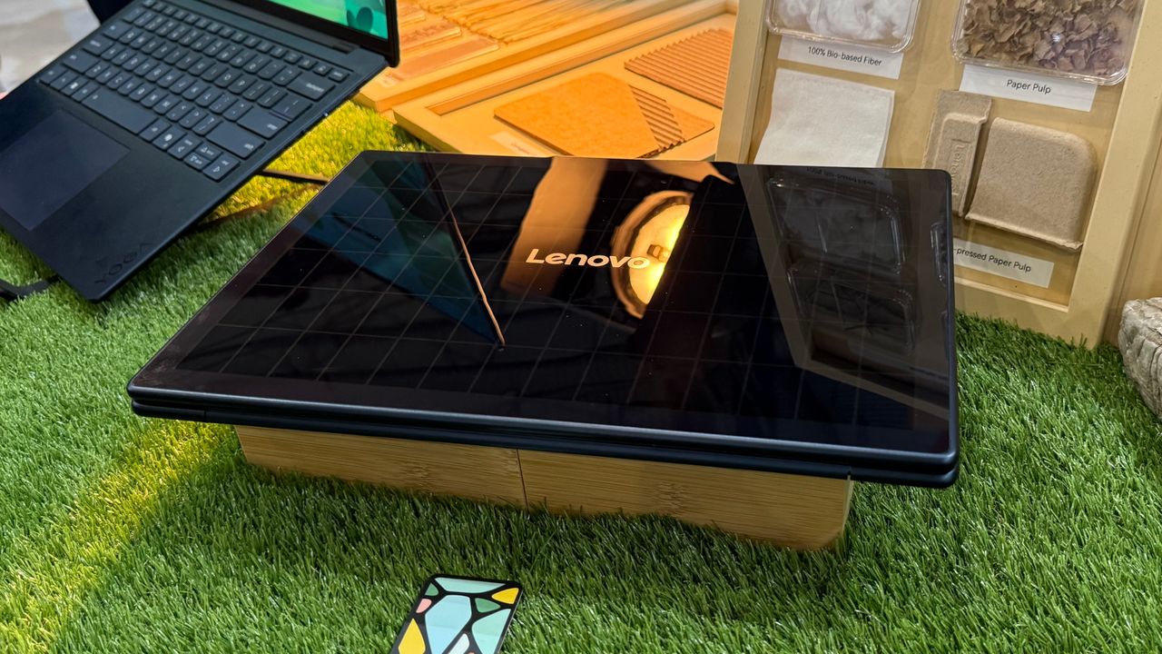 Lenovo showcase a solar-charging Yoga Solar laptop concept at MWC 2025, Barcelona, Spain.