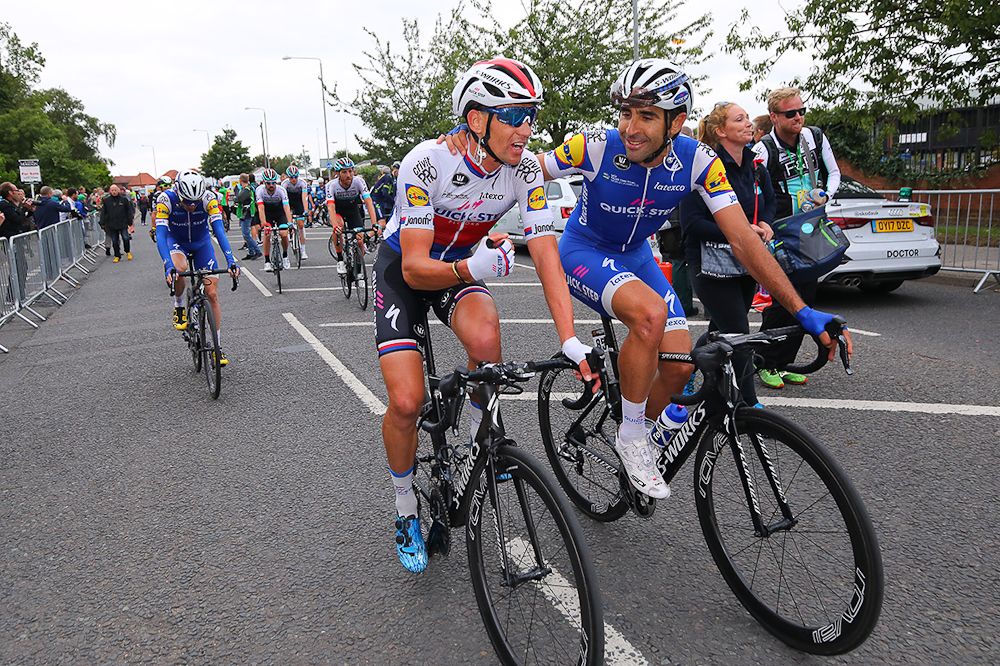 Quick-Step riders celebrate Gaviria's stage win