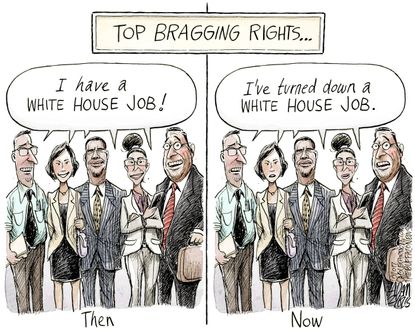 Political cartoon U.S. Trump white house jobs