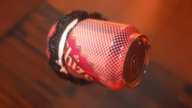 A pink soda can wears a lacey garter.