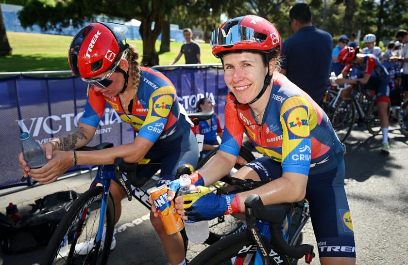 GEELONG, AUSTRALIA - FEBRUARY 01: (L-R) Clara Copponi of Italy and Amanda Spratt of Australia and Team Lidl - Trek react after the 9th Cadel Evans Great Ocean Road Race 2025, Women&amp;apos;s Elite a 141.8km one day race from Geelong to Geelong / #UCIWWT / on February 01, 2025 in Geelong, Australia. (Photo by Dario Belingheri/Getty Images)
