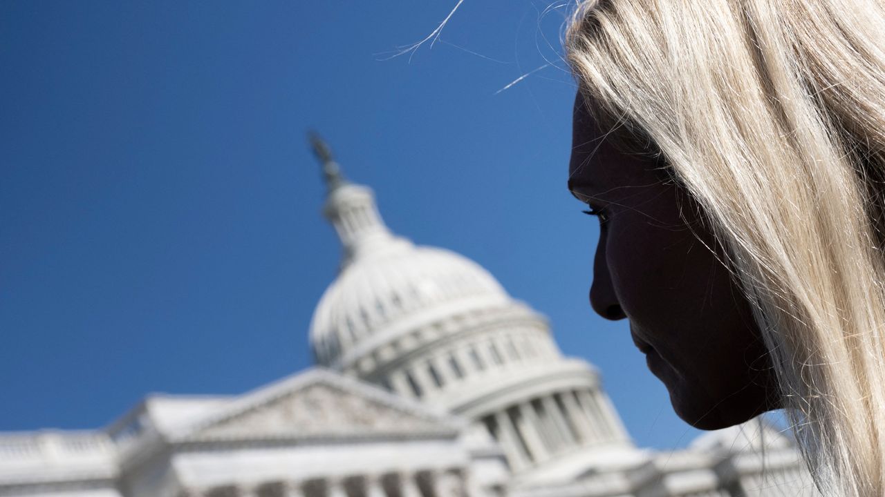 Marjorie Taylor Greene, Republican of Georgia, leaves after a press conference on House Democratic Leader Hakeem Jeffries&#039; endorsement of Republican House Speaker Mike Johnson, outside the US Capitol in Washington, DC, on May 1, 2024