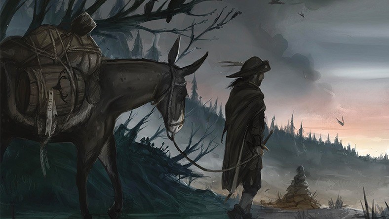 A man leading a donkey through a forest in Warhammer The Old World.