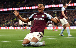 Ollie Watkins of Aston Villa celebrates scoring his team's third goal during the Premier League match between Aston Villa and Liverpool at Villa Park 