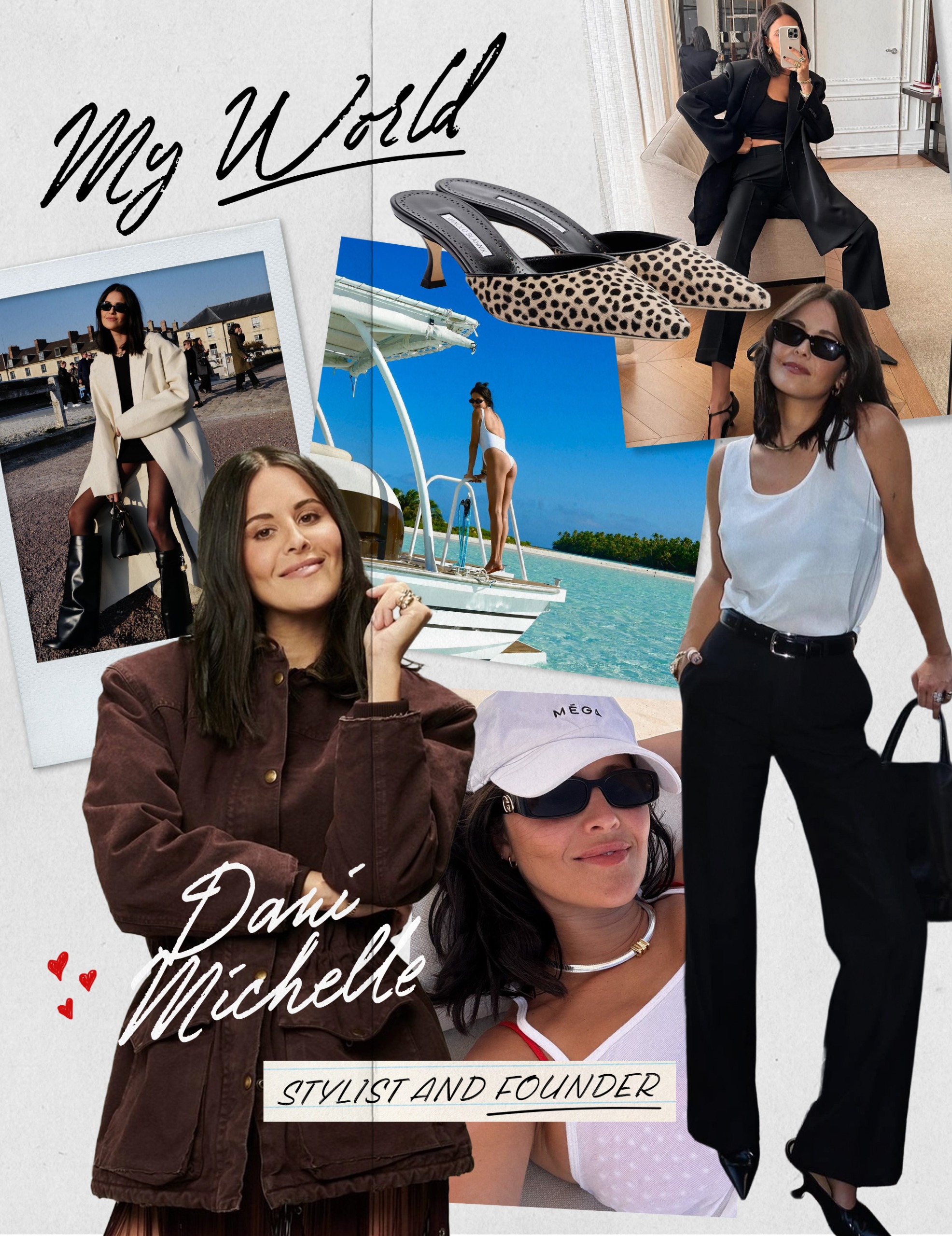 Photo collage of celebrity stylist Dani Michelle for Who What Wear's My World series.