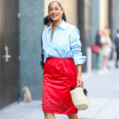 Tracee Ellis Ross red blue office outfit