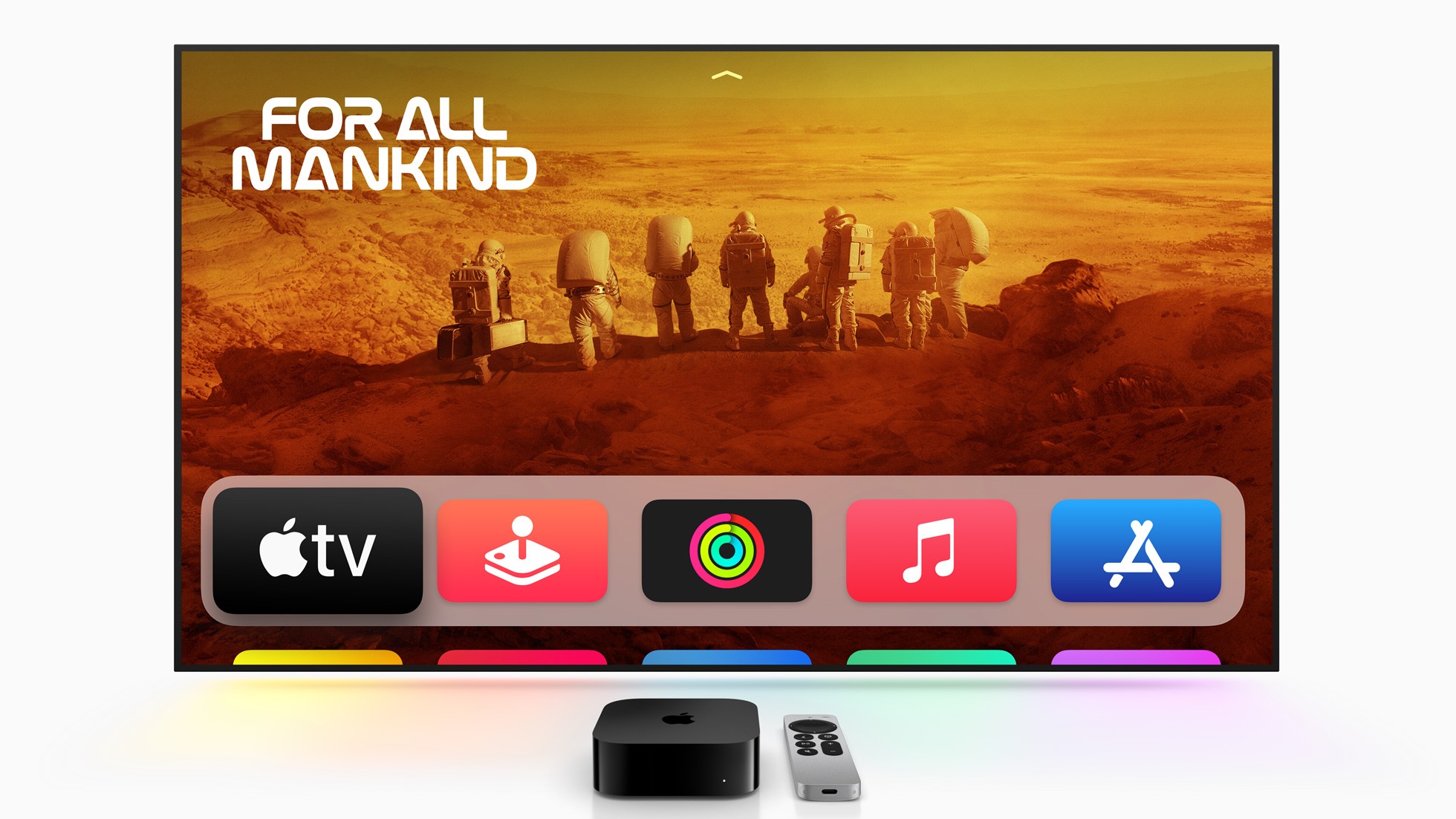 Apple TV 4K with a screen above showing the tvOS home screen with Apple TV+ show For All Mankind featured