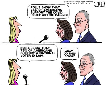 Political Cartoon U.S. pelosi schumer covid relief voter id