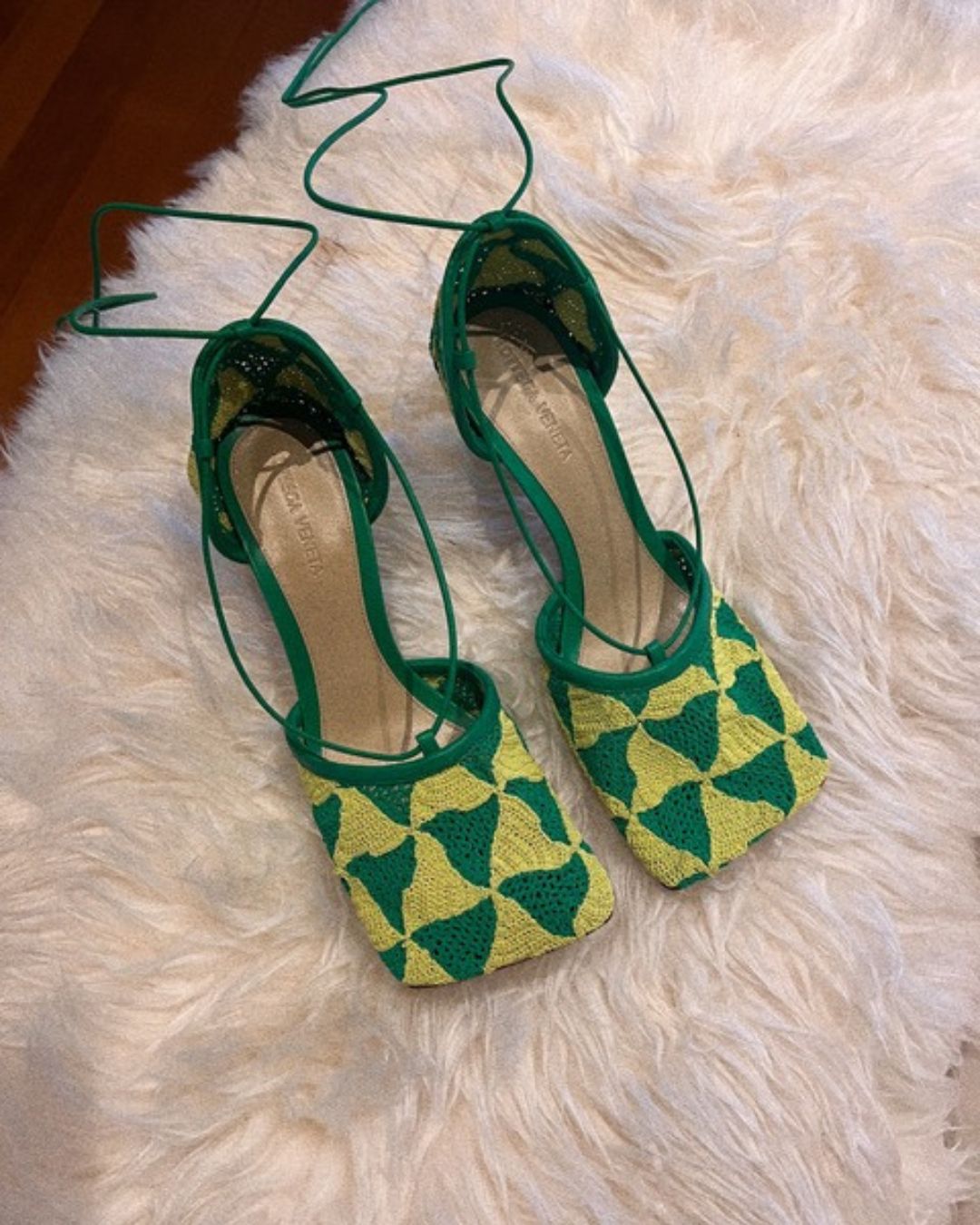 erin deering's green knitted bottega veneta heels