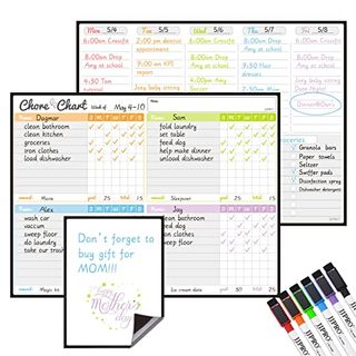 Two whiteboards with brightly colored writing on them, chore chart templates