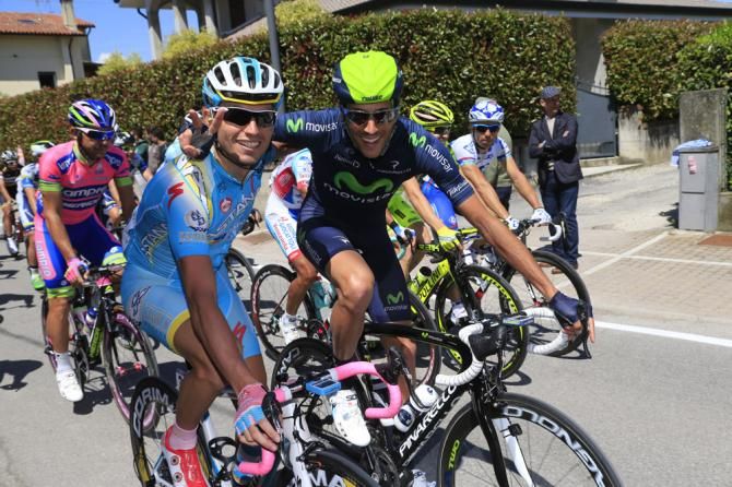 Valerio Agnoli (Astana) and Eros Capecchi (Movistar) celebrate during the Giro's final stage
