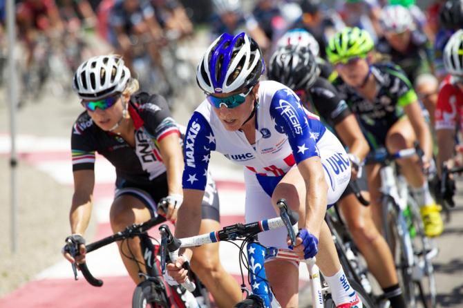 Alison Powers (United Healthcare) and Robin Farina (DNA Cycling pb K4) leading the field.