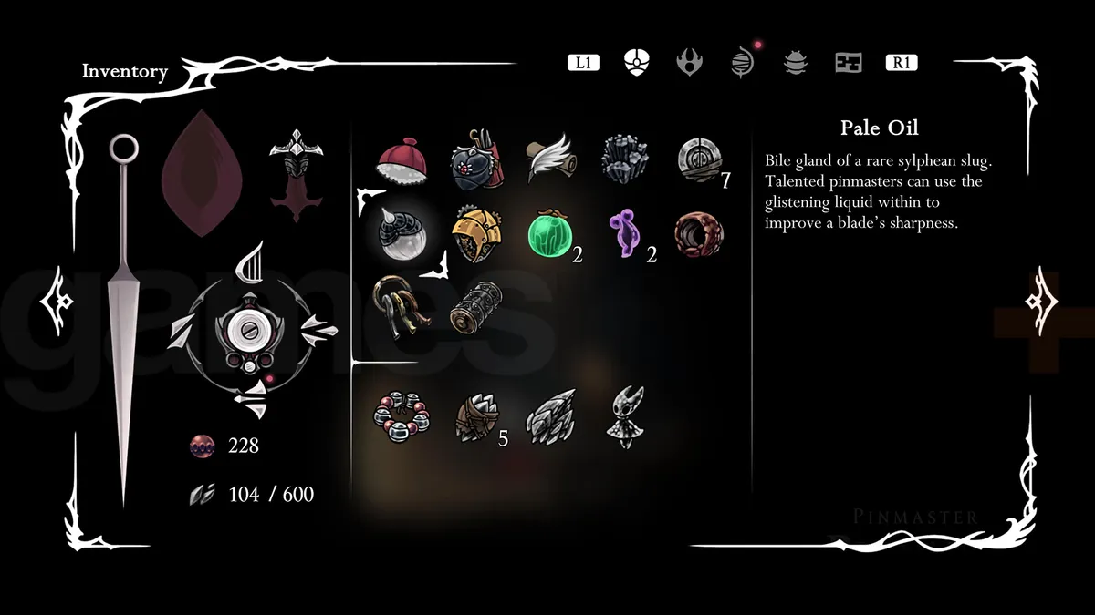 Pale Oil in a player's inventory in Silksong